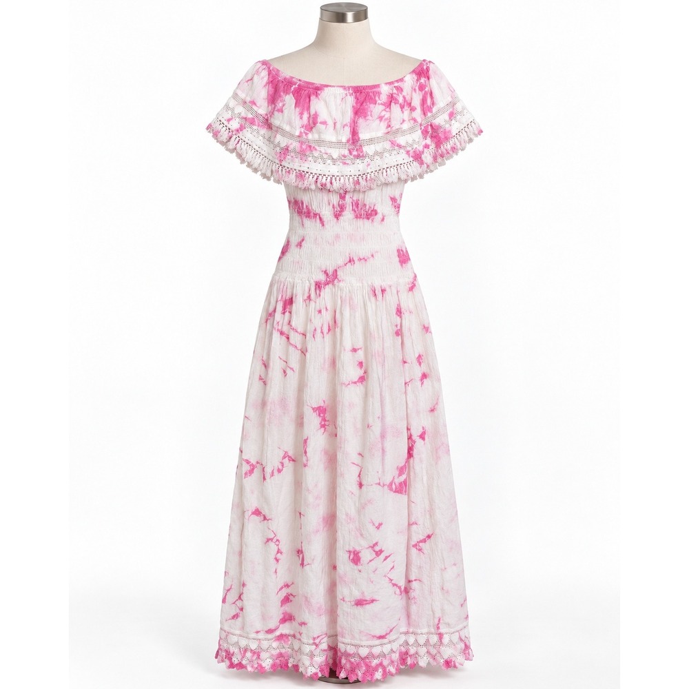 Seaspice Maxi Dress Womens Large Pink White Tie Dye Cotton Lace Boho Excellent